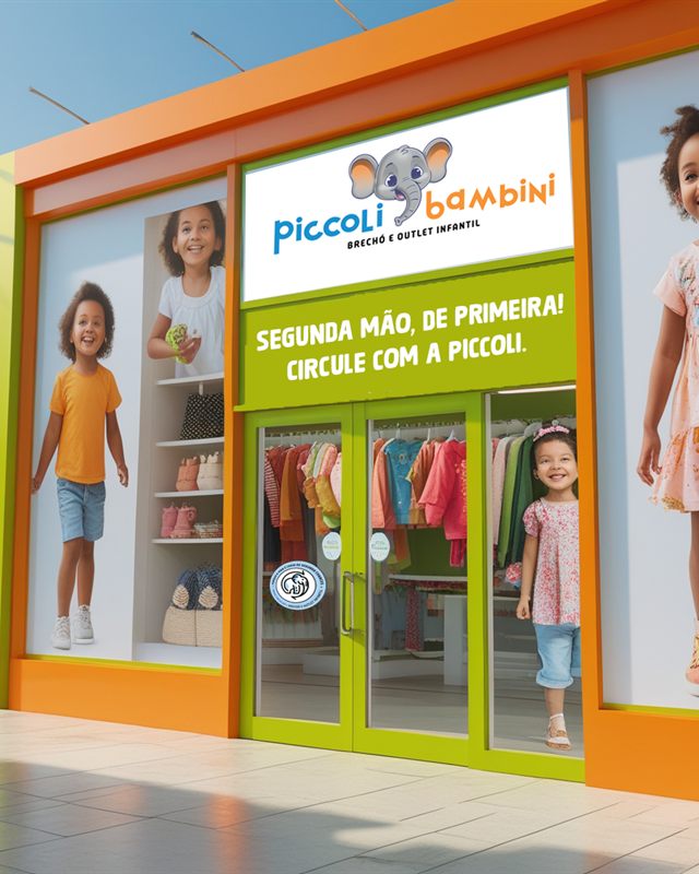Fachada da loja Piccoli Bambini em Indaiatuba: faixa laranja com logotipo e mascote elefante, slogan ‘Segunda mão, de primeira.’ em verde sobre a vitrine.